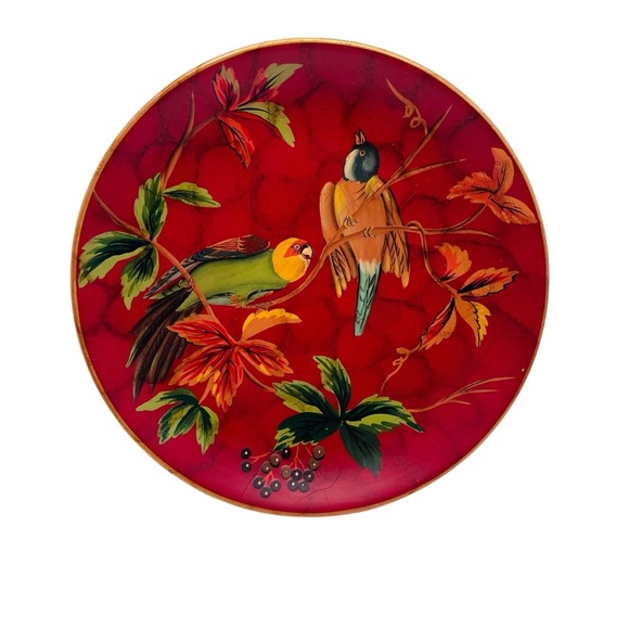 Vintage Decorative Red Plate with Hand-Painted Birds & Leaves –10”Display Plate - Picture 2 of 11